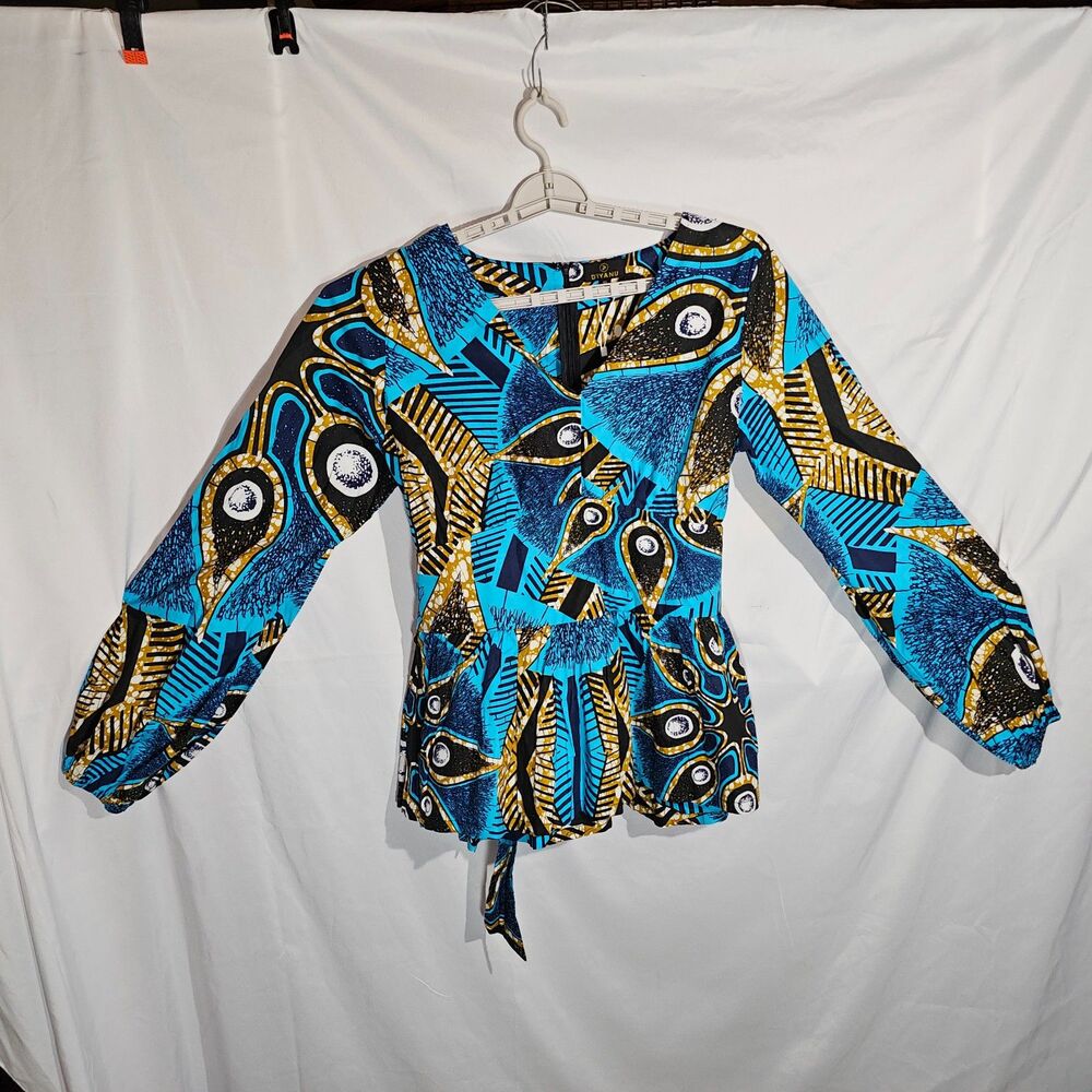 D'IYANU African Wax Print V-Neck Peplum Blouse Blue Gold Tie Waist XL NWT